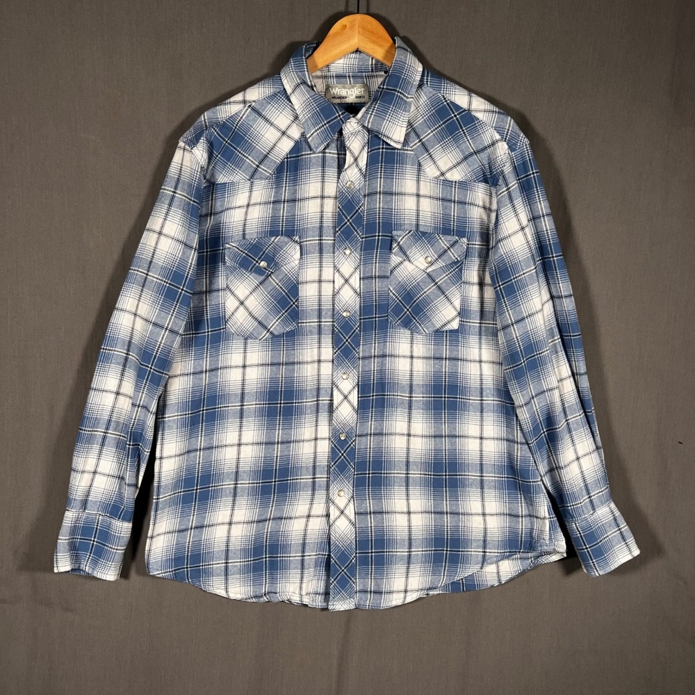 Wrangler Wrancher Pearl Snap Shirt Mens XL Blue White Plaid Cowboy Western Rodeo